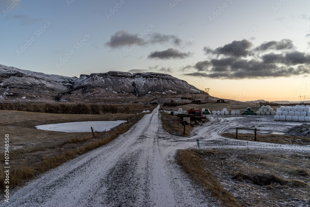 Road leading though Icelandic plaines with mountain in the background