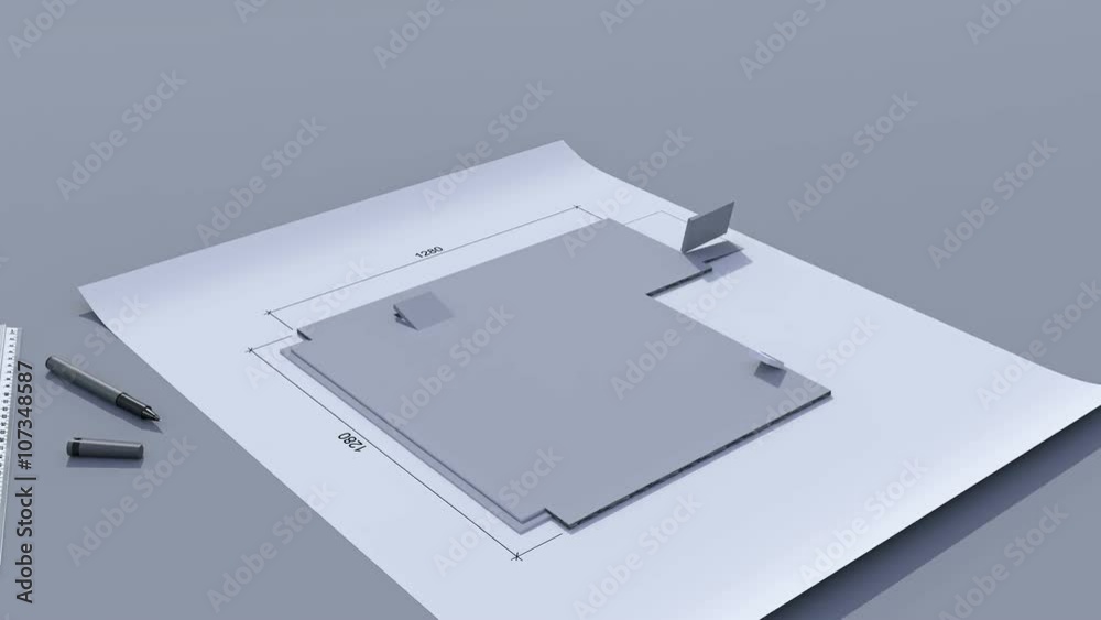 Building a house with a hip roof. Time-lapse 3d animation of house construction - from the blueprints to installation of the roof with pantile roof tile. Top view. 4K