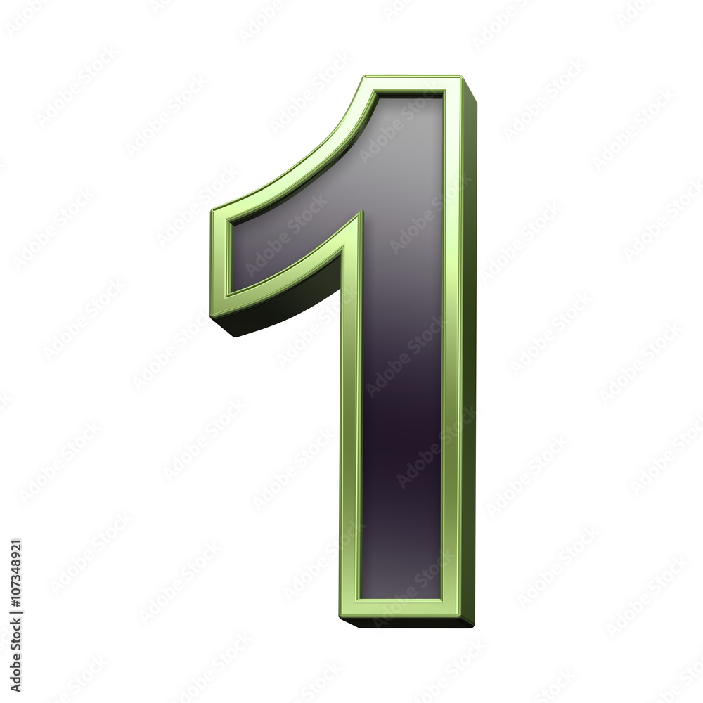 One digit from black with green shiny frame alphabet set, isolated on white. 3D illustration. One digit from black with green shiny frame alphabet set, isolated on white. 3D illustration.