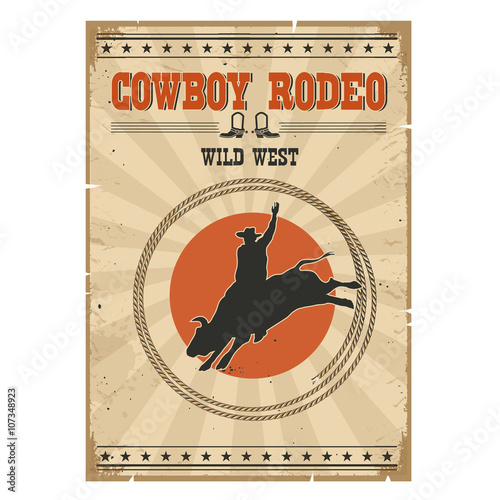 Cowboy wild bull rodeo poster.Western vintage illustration with