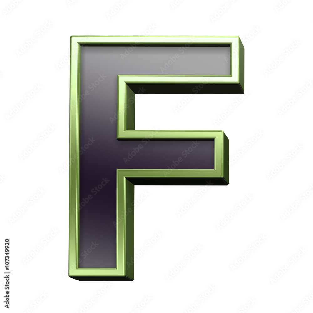 One letter from black with green shiny frame alphabet set, isolated on white. 3D illustration. One letter from black with green shiny frame alphabet set, isolated on white. 3D illustration.