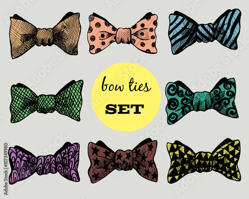 Bow ties set. Hand-drawn sketch illustration on gray background
