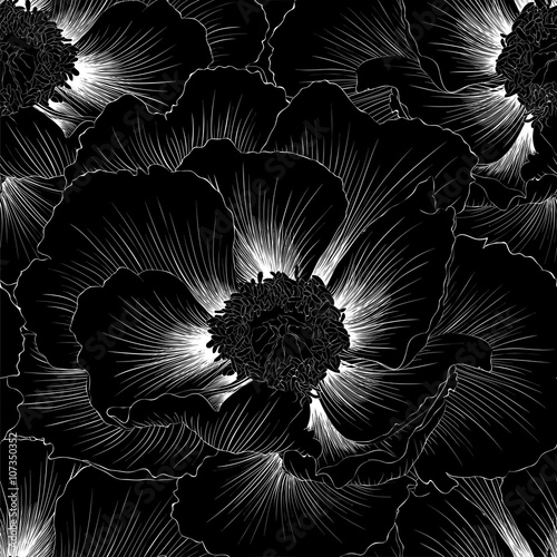 Beautiful monochrome black and white seamless background with flowers. Hand-drawn contour lines and strokes.