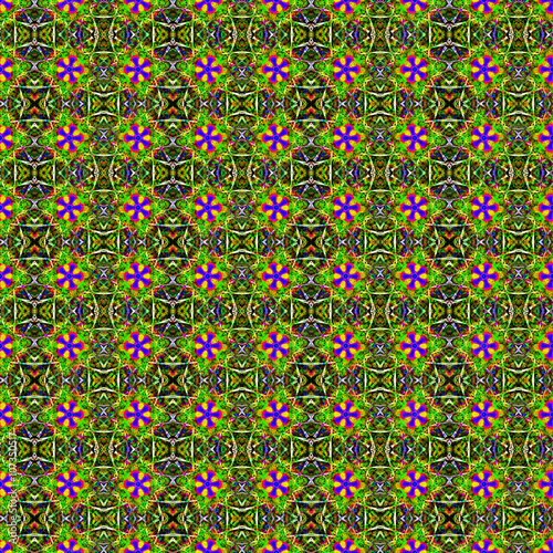 Seamless pattern in green and purple and various shapes. A digital painting, a handmade image using digital brushes and blending modes on virtual canvas. 