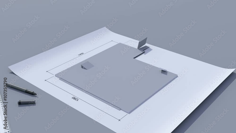 Building a house with a flat roof. Time-lapse 3d animation of house construction - from the blueprints to installation of the roof. Top view. 4K