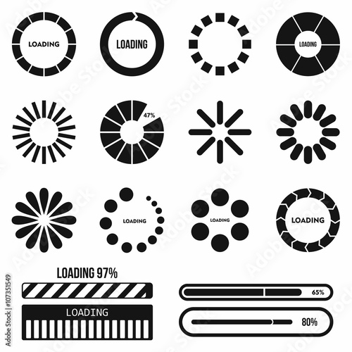 Progress bar and loading icons set in simple style 