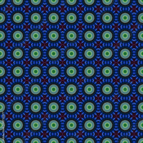 Blue enamel style seamless pattern in blue and red. A digital painting, a handmade image using digital brushes and blending modes on virtual canvas. 