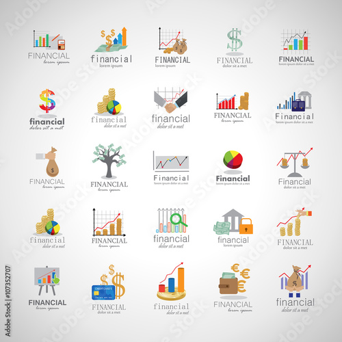 Financial Icons Set-Isolated On Gray Background-Vector Illustration,Graphic Design.Collection Of Color And Colorful Icons.Different Logotype Shape.Modern Logo