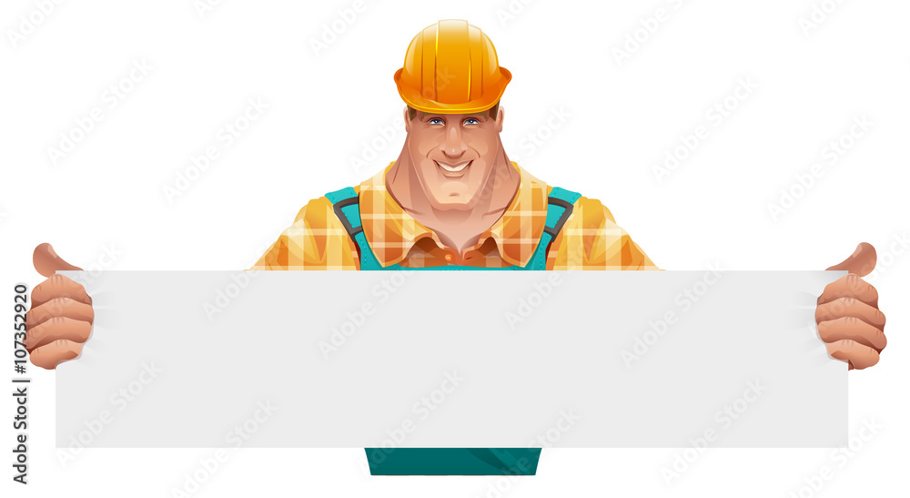 Strong male worker holding blank banner. Man in overalls. Worker in helmet Strong male worker holding blank banner. Man in overalls. Worker in helmet