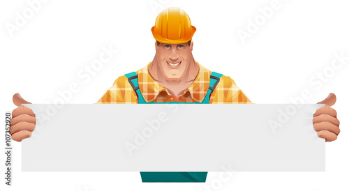 Strong male worker holding blank banner. Man in overalls. Worker in helmet