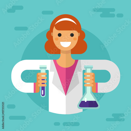 Vector flat style illustration of scientist smiling girl with flasks and making research. Chemistry laboratory research concept.