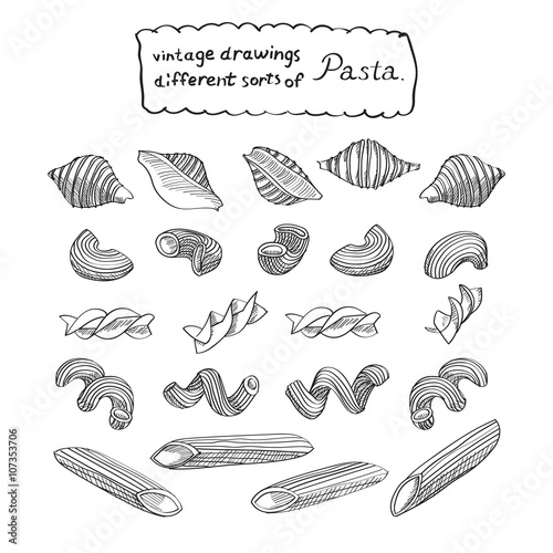 Different sorts of pasta sketch is great design element for italian restaurants and pasta restaurants. 