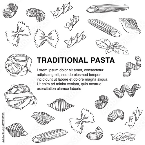 Traditional pasta sketch with copy space in the centre of composition is great design element for italian restaurants and pasta restaurants. 