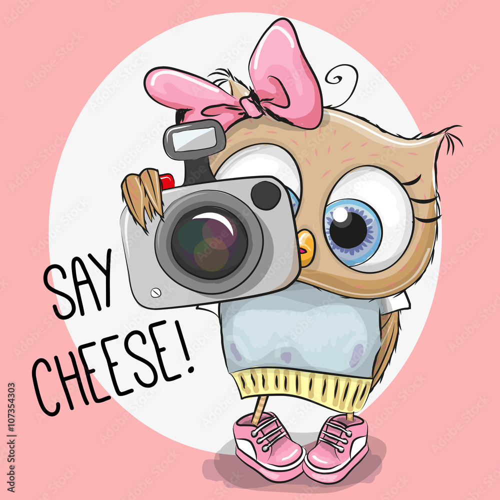 Fototapeta premium Cute cartoon Owl with a camera