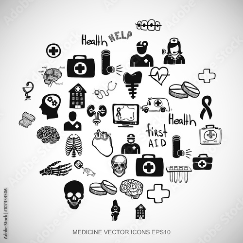 Healthcare Black doodles Hand Drawn Medicine Icons set on White. EPS10 vector illustration.