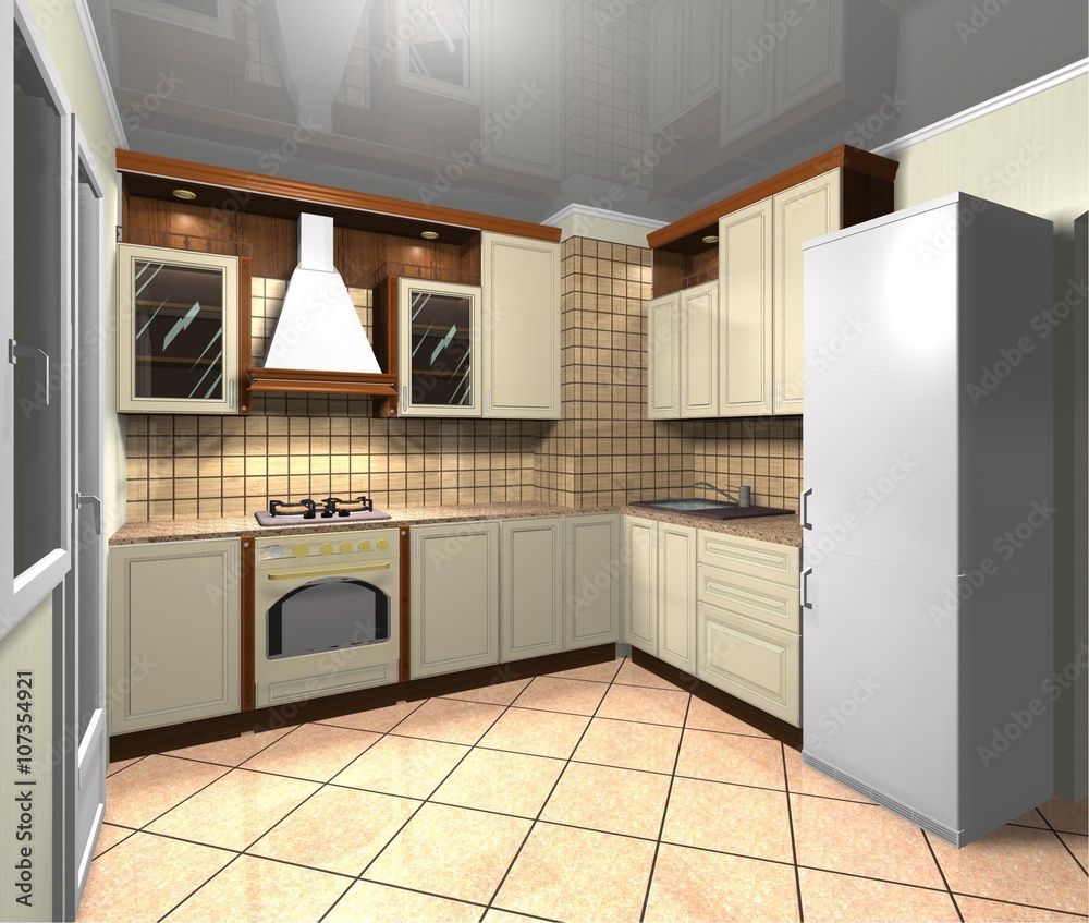 beige kitchen in a classic style, interior design 3D rendering beige kitchen in a classic style, interior design 3D rendering