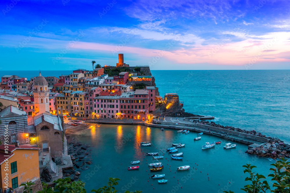 Sunset in the village of Vernazza, Cinque Terre, Italy