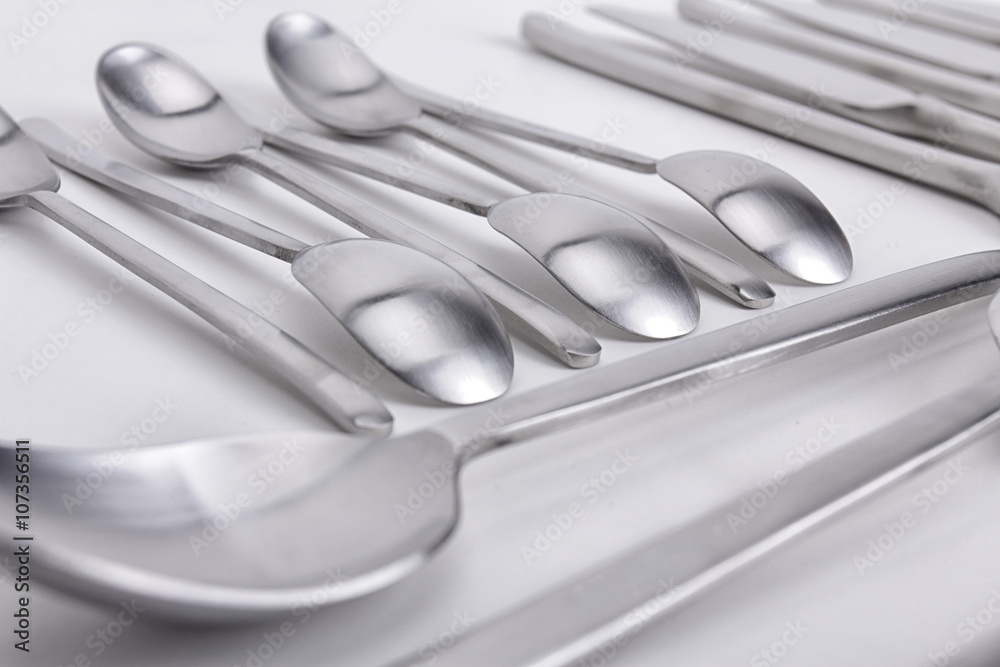 Cutlery set with Fork, Knife and Spoon on white background Cutlery set with Fork, Knife and Spoon on white background