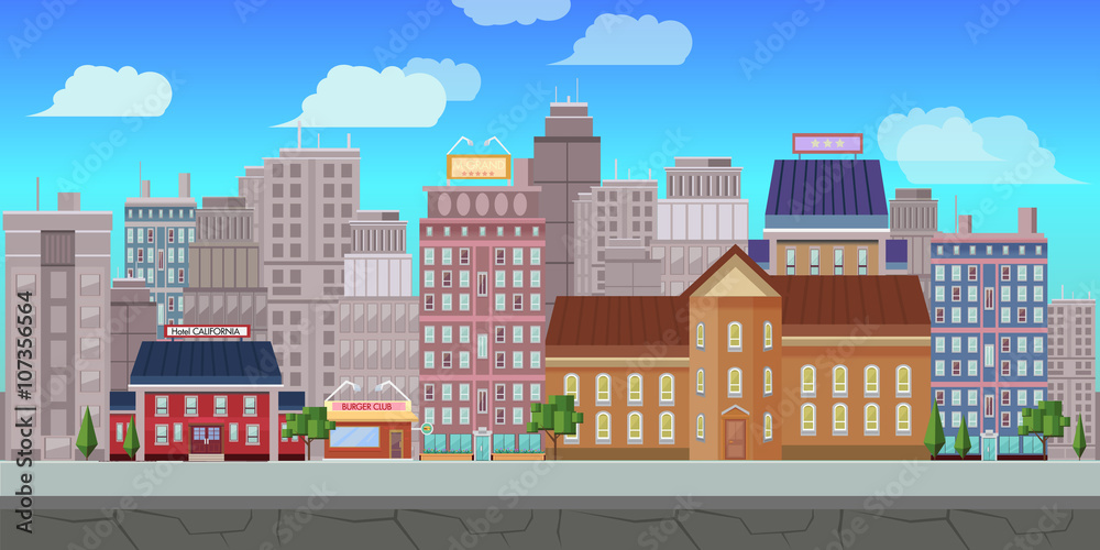 city game background 2d game application. Vector design. Tileable  horizontally. Size 1024x512. Ready for parallax effect Stock Vector | Adobe  Stock