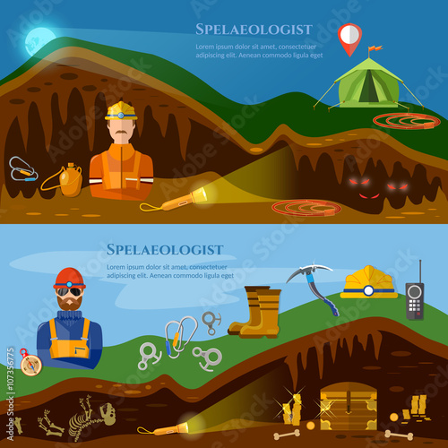Speleology banners caves study underground mines