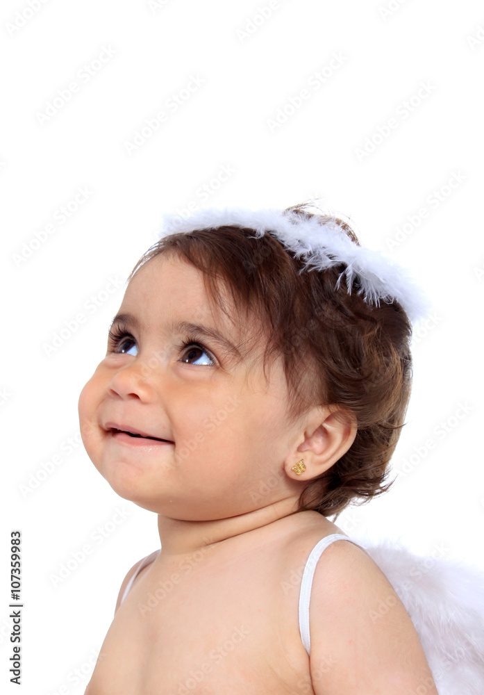 little girl in an angel costume on a white background little girl in an angel costume on a white background
