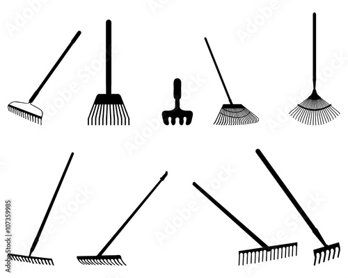 Black silhouettes of rake on a white background, vector