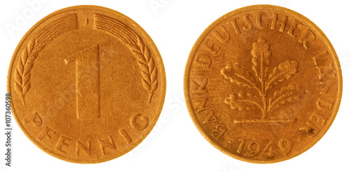 Tableau sur toile 1 pfennig 1949 coin isolated on white background, Germany