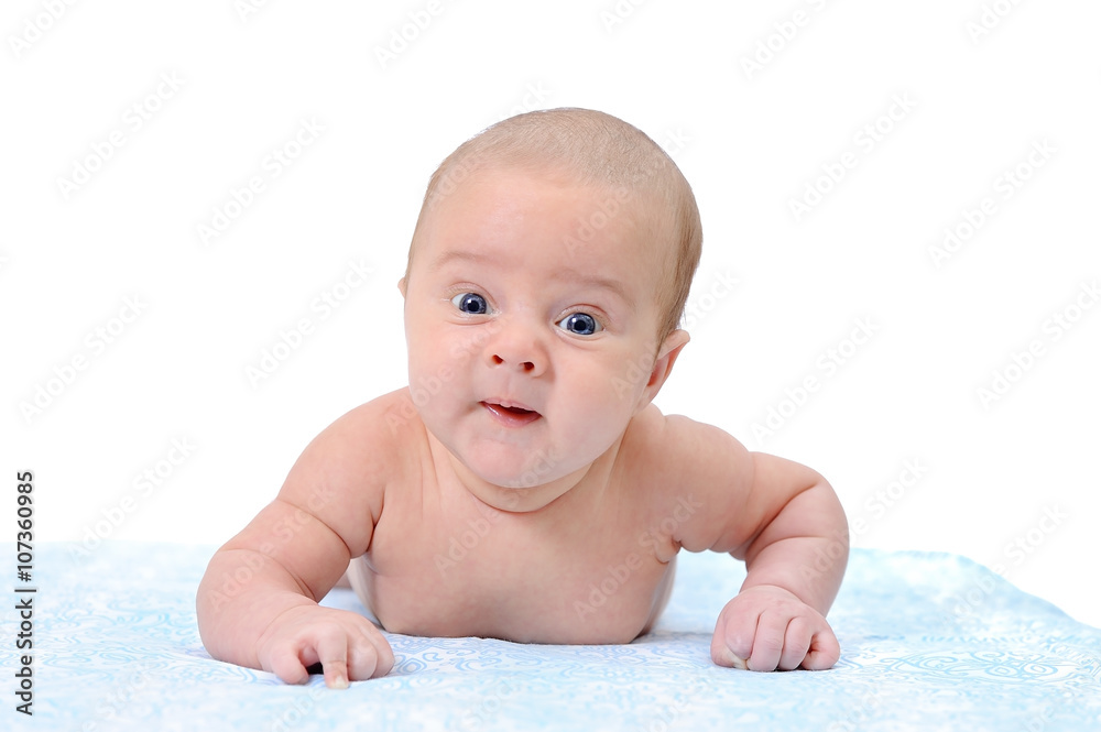 Portrait of a Newborn Baby Trying to Crawl on a Blue Blanket Portrait of a Newborn Baby Trying to Crawl on a Blue Blanket