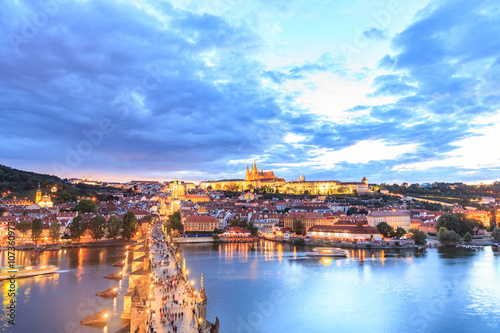 Prague caste and the Charles bridge at dusk