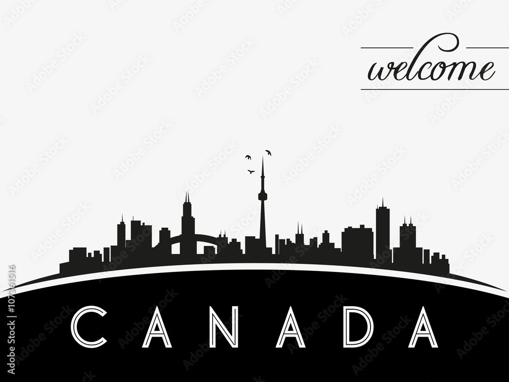 Canada skyline silhouette, black and white design, vector illustration