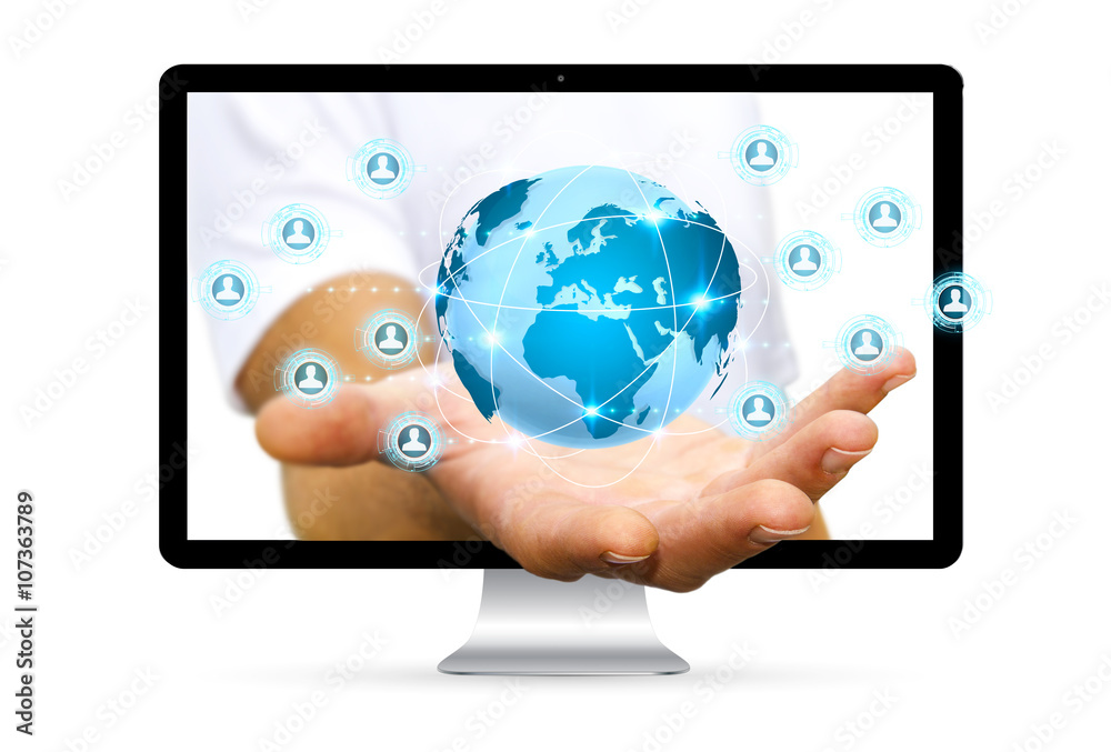 Businessman escaping from computer surfing on internet Businessman escaping from computer surfing on internet