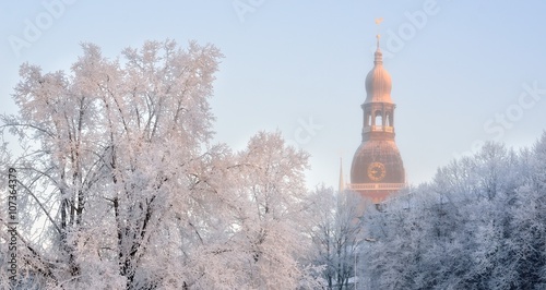 Dome church in Riga and hoar frost on trees by morning, Latvia