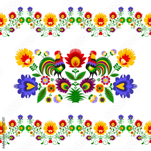 Tableau sur toile Polski folklor - rozbudowany wzór z kwiatami i kogutami
