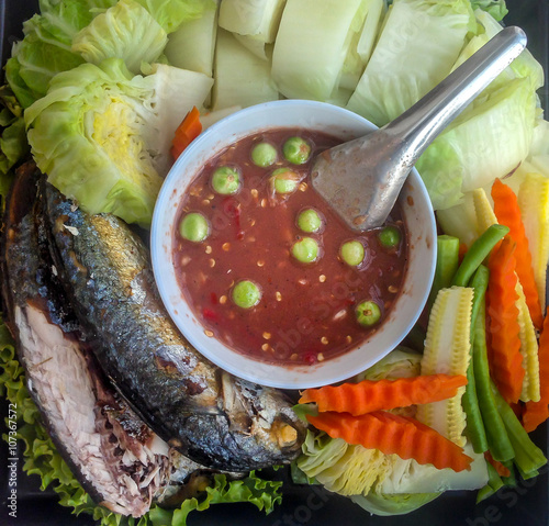 Fried mackerel with shrimp paste sauce and boiled vetable photo