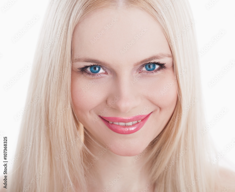 Studio, face, blue eyes, smile teeth, white background Studio, face, blue eyes, smile teeth, white background