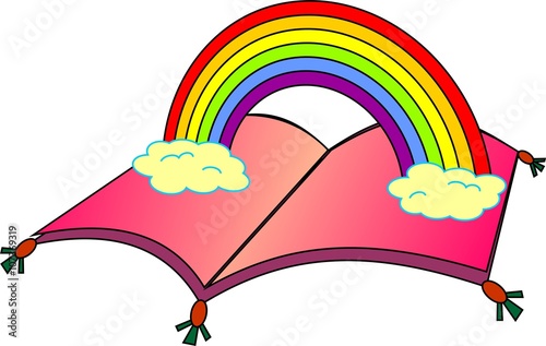 imagination og flying book with rainbow