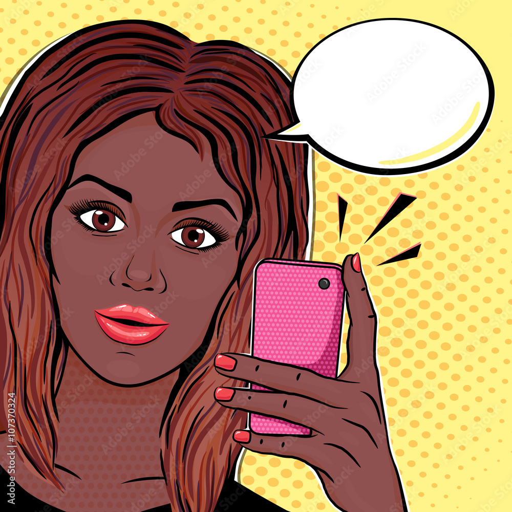 Vector smiling african woman holding ringing mobile phone with speech  bubble for your text in pop art comic style. Cute young african american  woman with telephone. Stock Vector | Adobe Stock