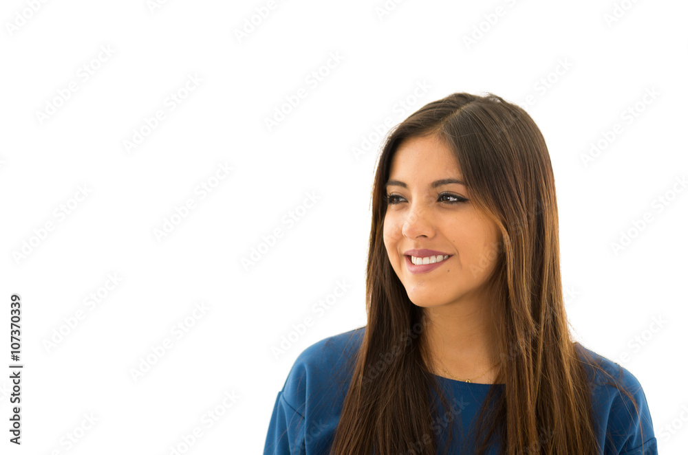 Headshot attractive brunette posing naturally with beauiful smile, white background Headshot attractive brunette posing naturally with beauiful smile, white background