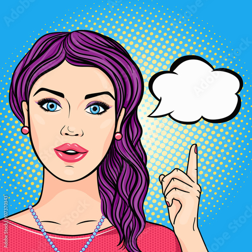 Pop art woman smiling with hand pointing on thinking cloud, halftone comic style vector illustration. Pretty young woman thinking.
