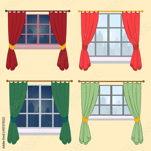 Set of curtains on a yellow background. The beautiful view from the window - different silhouettes of the city during the day. Creative Home interior, vector illustration.