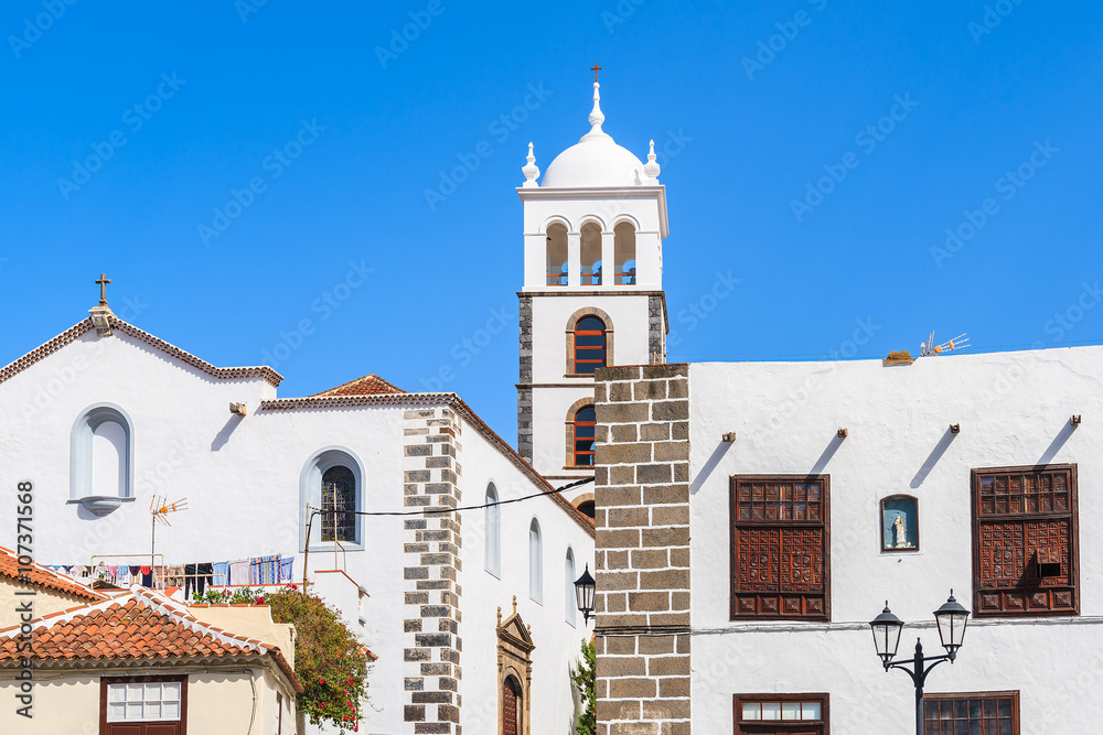 Church tower and historical colonial buildings in Garachico old town, Tenerife, Canary Islands, Spain