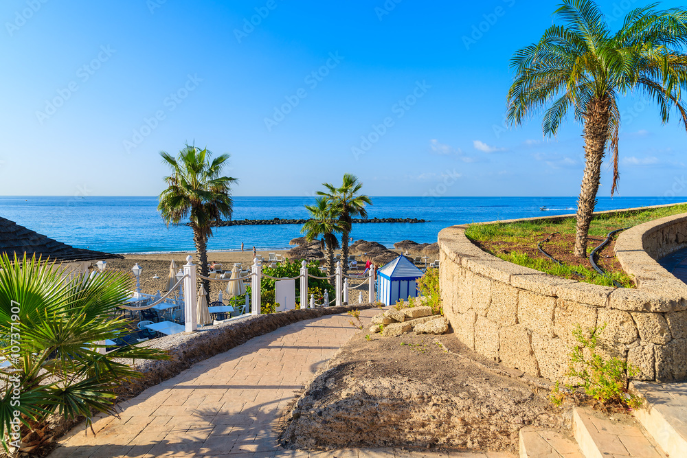 Walkway with palm trees to exotic El Duque beach in Costa Adeje town, Tenerife, Canary Islands, Spain