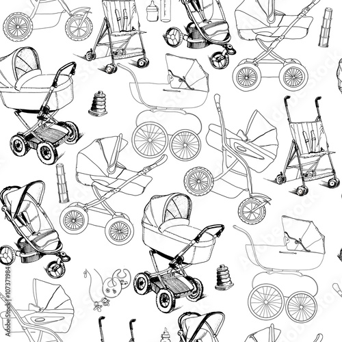 hand drawn seamless pattern of baby prams, carriages and strolle
