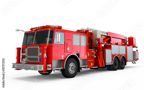Fotografia Red Firetruck perspective front view isolated on a white background