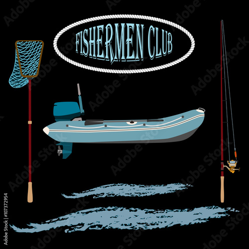 
rubber boat. landing net and spinning near baubles, and hooks. vector illustration .