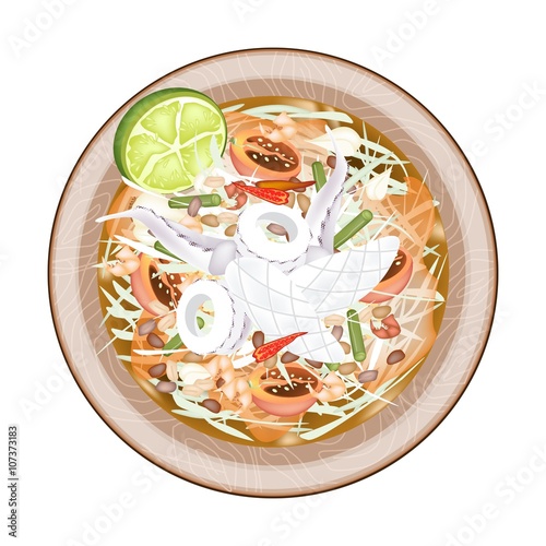 Plate of Green Papaya Salad with Cooked Squids