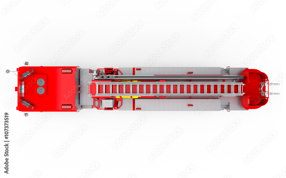 Red Firetruck top view isolated on a white background