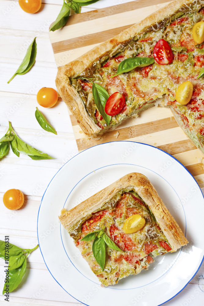 Pie with cheese, tomatoes, herbs and spices Pie with cheese, tomatoes, herbs and spices