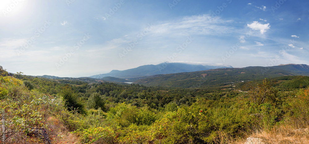 Canyon of mountains. Panorama view. Demerdzhi mountains, near Alushta town. Crimea, Russia. Canyon of mountains. Panorama view. Demerdzhi mountains, near Alushta town. Crimea, Russia.