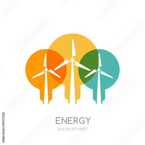 Multicolor light bulbs and wind turbines silhouettes, isolated symbol. Vector logo design template. Windmills and wind alternative energy generator. Environmental, ecology business concept.